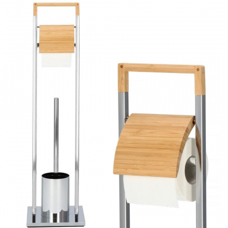 SUPORT PENTRU HARTIE IGIENICA CU PERIE WC, METAL SI BAMBUS, CROM, 75.5 CM, SPRINGOS [1]