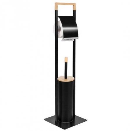 Baie - SUPORT PENTRU HARTIE IGIENICA CU PERIE WC, METAL SI BAMBUS, NEGRU, 60 CM