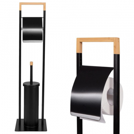 SUPORT PENTRU HARTIE IGIENICA CU PERIE WC, METAL SI BAMBUS, NEGRU, 74 CM, SPRINGOS [10]