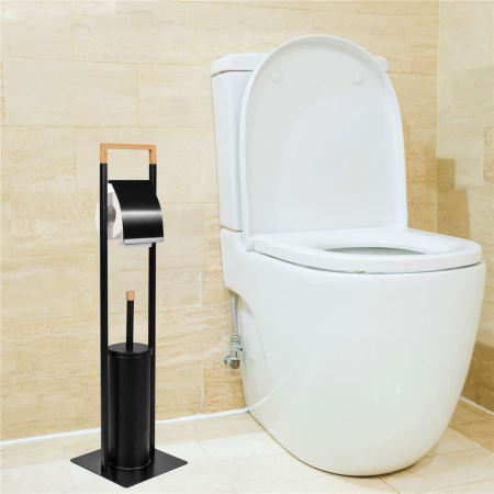 SUPORT PENTRU HARTIE IGIENICA CU PERIE WC, METAL SI BAMBUS, NEGRU, 74 CM, SPRINGOS [8]