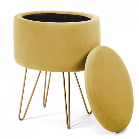 TABURET, ROTUND, CU SPATIU DEPOZITARE, CATIFEA, GALBEN, MAX 90 KG, 35X35X45 CM, LILI [1]