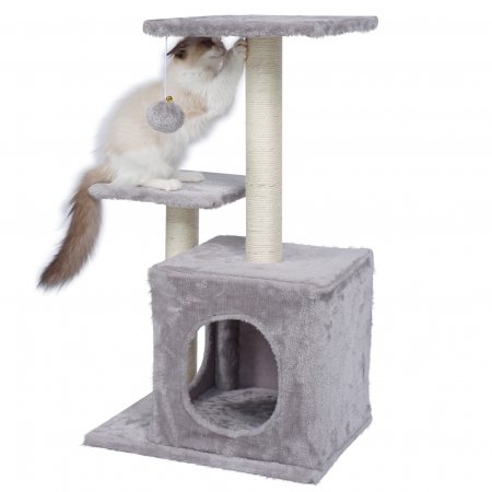PetShop - Ansamblu de Joaca pentru pisici cu casuta, platforme si stalpi cu sisal, gri, compact si stabil