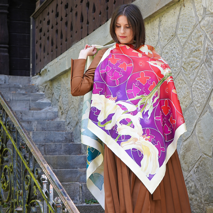 Esarfa matase imprimata "Blossom of Dreams" 180x80cm [7]