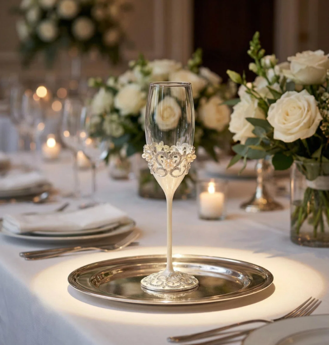 Set 2 pahare sampanie argintate cu perlute [2]