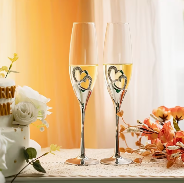 Set 2 pahare sampanie argintate inimi [2]
