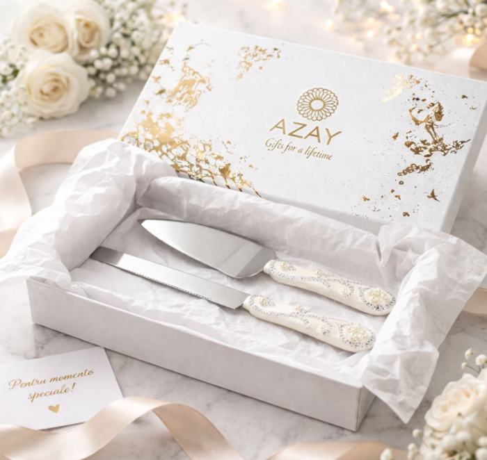 Set 2 piese paleta si cutit tort ivoire cu perle si pietre argintii [2]