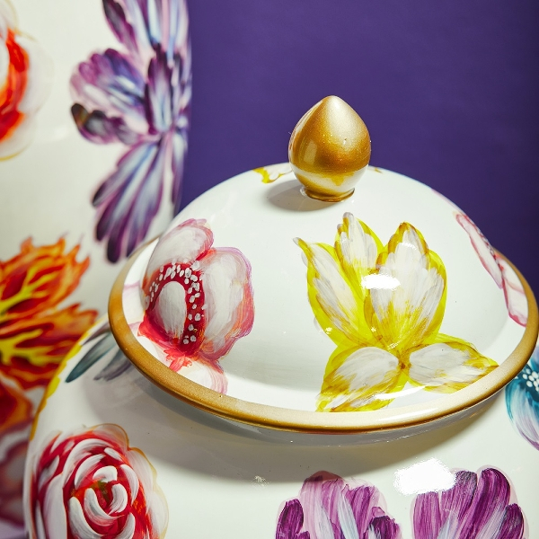 Vaza cu capac Flowers portelan pictat manual, 23x23x28 cm [3]