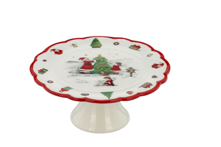 PORȚELAN - Suport prajituri cu picior din portelan, decor Craciun, 21,4 x 21,4 x 9,3 cm