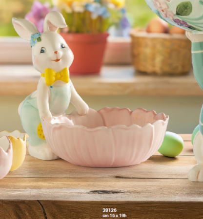 PAȘTE - Iepuras decorativ ceramica cu cosulet roz cm 16 x 19h