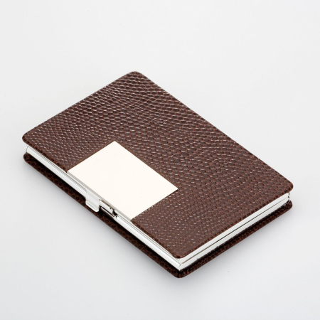 ACCESORII PENTRU BIROU - Port card patrat argintat cu piele maro