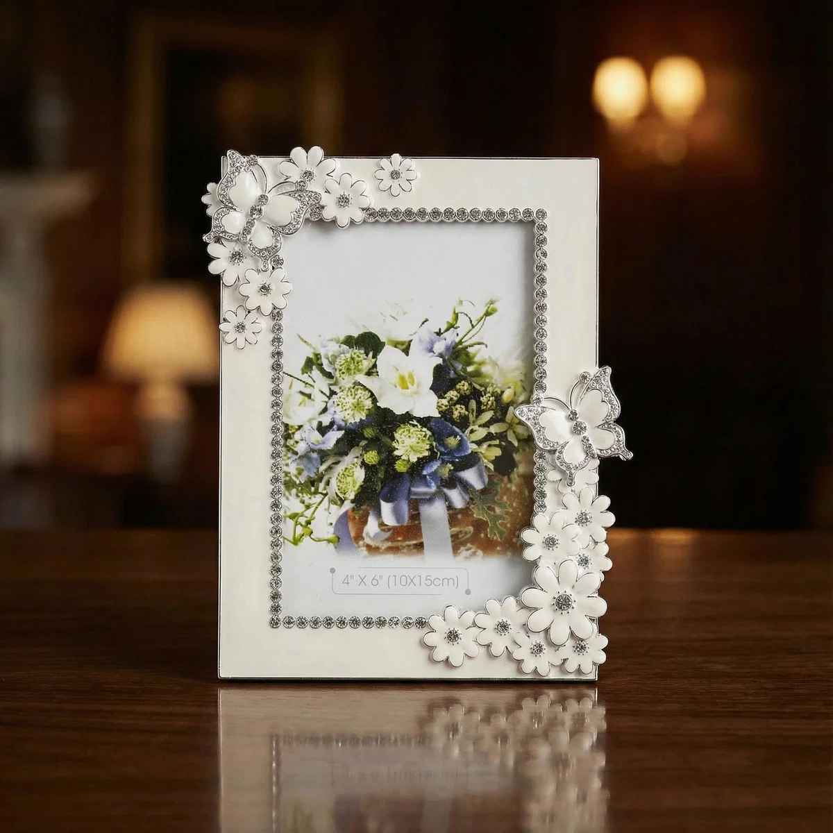 ARGINT - Rama Foto cu flori si fluturi pe colt