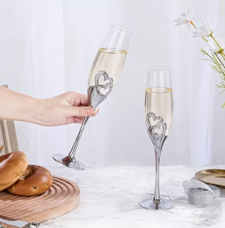 Set 2 pahare sampanie argintate inimi [2]