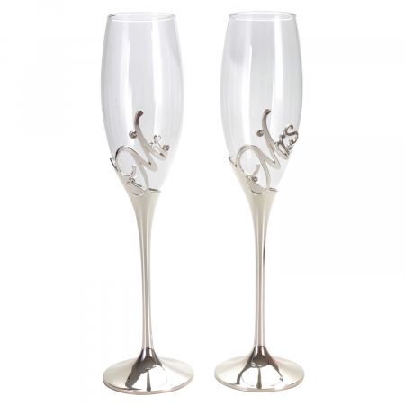 ACCESORII PENTRU BAUTURI - Set 2 pahare sampanie argintate Ms & Mrs