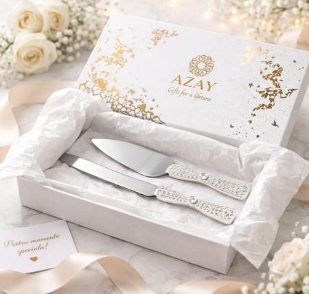 Set 2 piese paleta si cutit tort cu pietre argintii [1]