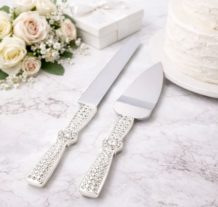 CORPORATE - Set 2 piese paleta si cutit tort cu pietre argintii