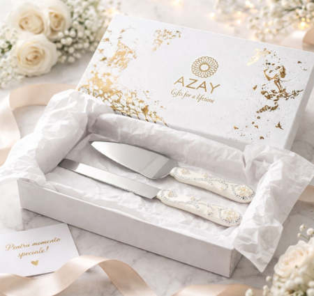 Set 2 piese paleta si cutit tort ivoire cu perle si pietre argintii [1]