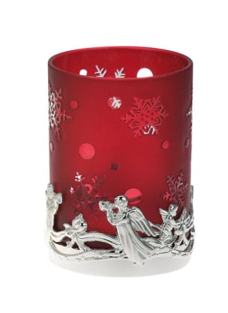 DECORATIUNI PENTRU CRACIUN - Suport lumanare rosu, cu baza argintata ingerasi, 9.5x7.5cm