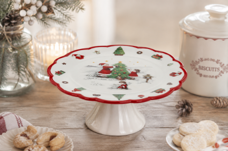 CADOURI - Suport prajituri cu picior din portelan, decor Craciun, 21,4 x 21,4 x 9,3 cm