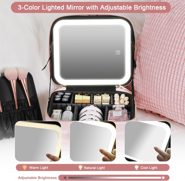 Geanta cosmetice dotata cu oglinda LED AZeira®, compartimente reglabile, potrivita pentru organizarea cosmeticelor acasa sau in voiaj, profesionala, neagra [6]