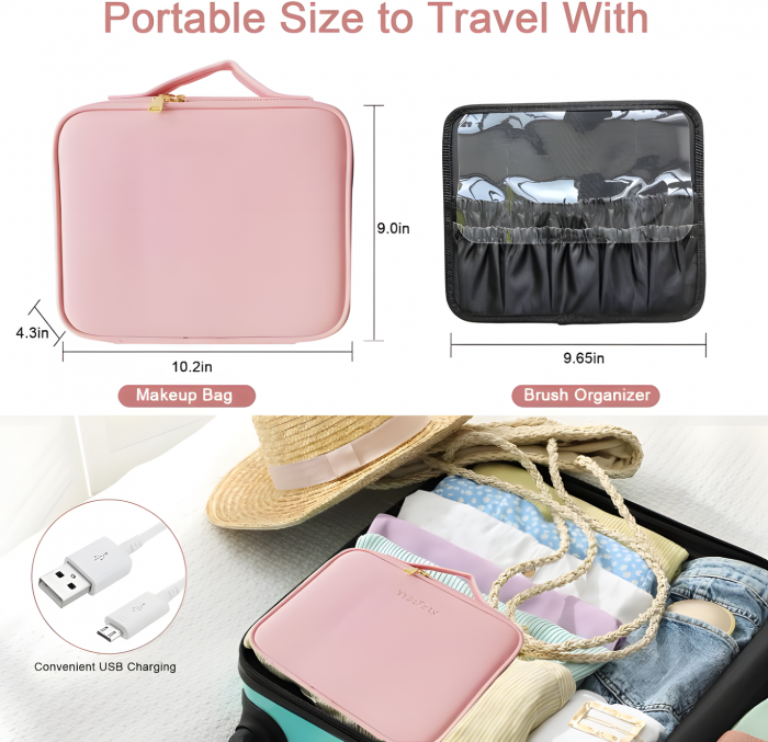 Geanta cosmetice dotata cu oglinda LED AZeira®, compartimente reglabile, potrivita pentru organizarea cosmeticelor acasa sau in voiaj, profesionala, neagra [14]