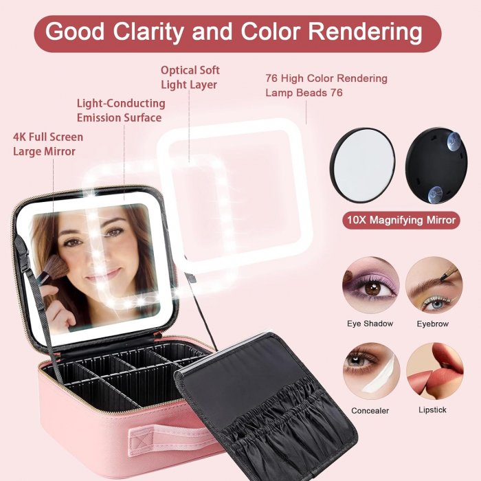 Geanta cosmetice dotata cu oglinda LED AZeira®, compartimente reglabile, potrivita pentru organizarea cosmeticelor acasa sau in voiaj, profesionala, neagra [9]