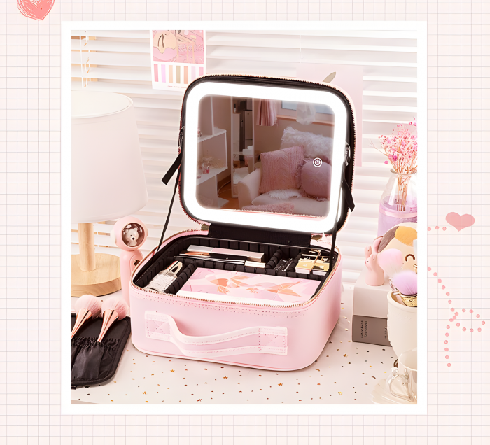 Geanta cosmetice dotata cu oglinda LED AZeira®, compartimente reglabile, potrivita pentru organizarea cosmeticelor acasa sau in voiaj, profesionala, neagra [4]