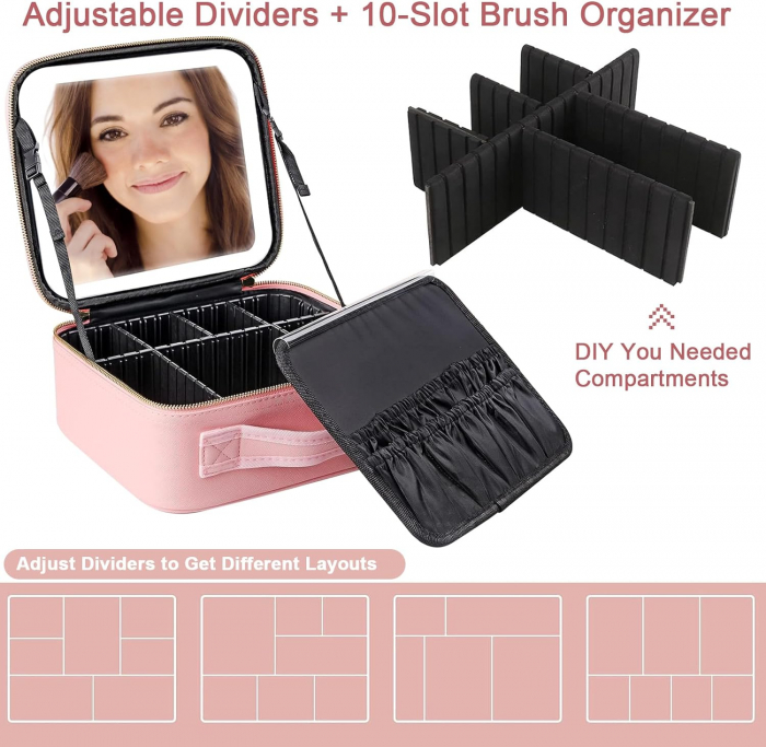 Geanta cosmetice dotata cu oglinda LED AZeira®, compartimente reglabile, potrivita pentru organizarea cosmeticelor acasa sau in voiaj, profesionala, neagra [11]