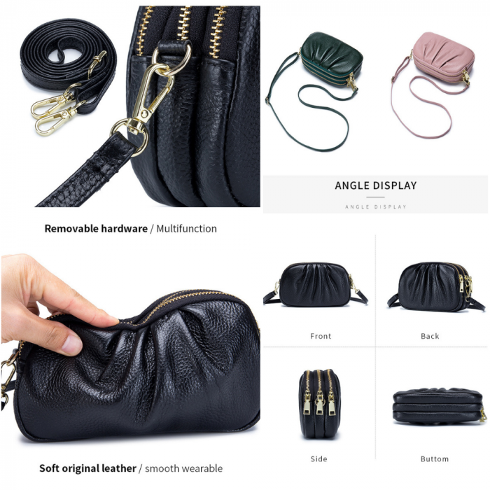 Geanta Piele Naturala cu pliuri AZeira®, 3 compartimente, Calitate superioara, Versatila, Fermoare metalice, Piele moale de vaca, Anti-zgariere, Capacitate mare, Verde [7]