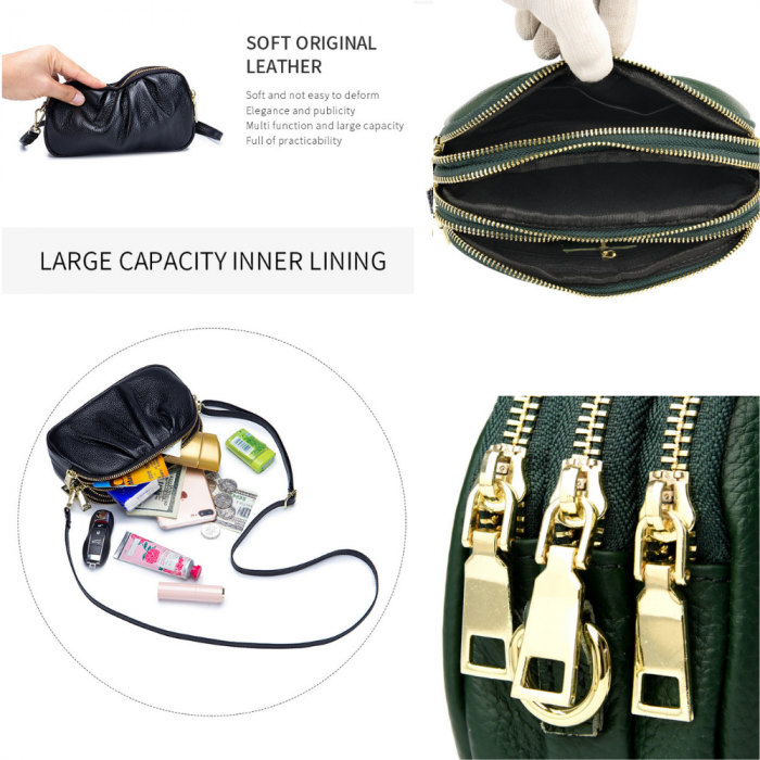 Geanta Piele Naturala cu pliuri AZeira®, 3 compartimente, Calitate superioara, Versatila, Fermoare metalice, Piele moale de vaca, Anti-zgariere, Capacitate mare, Verde [9]