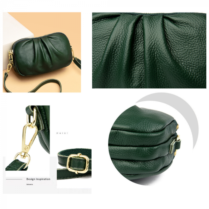 Geanta Piele Naturala cu pliuri AZeira®, 3 compartimente, Calitate superioara, Versatila, Fermoare metalice, Piele moale de vaca, Anti-zgariere, Capacitate mare, Verde [7]