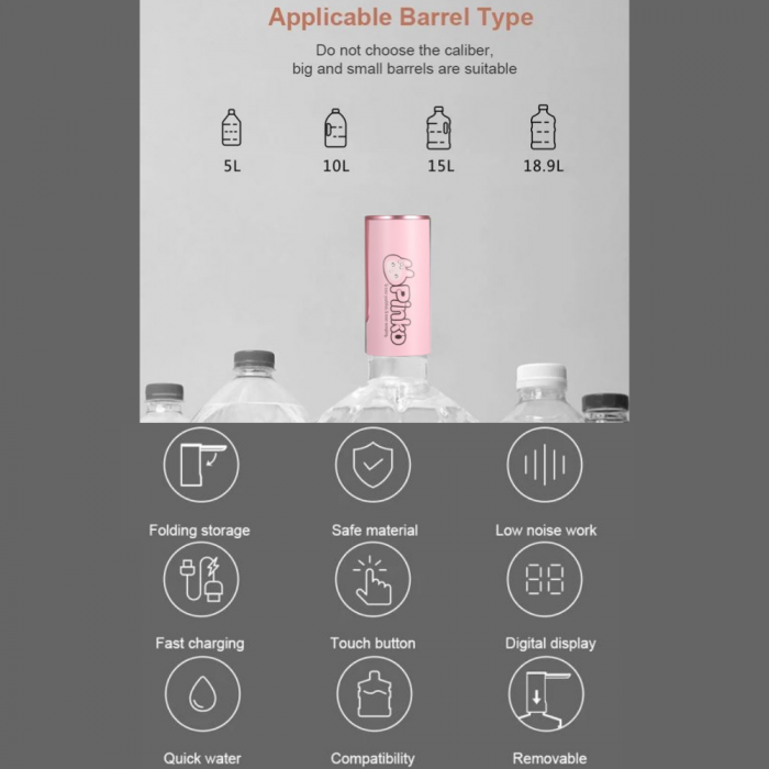 Pompa electrica apa cu afisaj LED AZeira®, Ecran digital, Indicator nivel baterie, Dozarea cantitatii de apa, Compatibil cu bidoane de apa de 5L/10L/15L/20L, Roz [10]