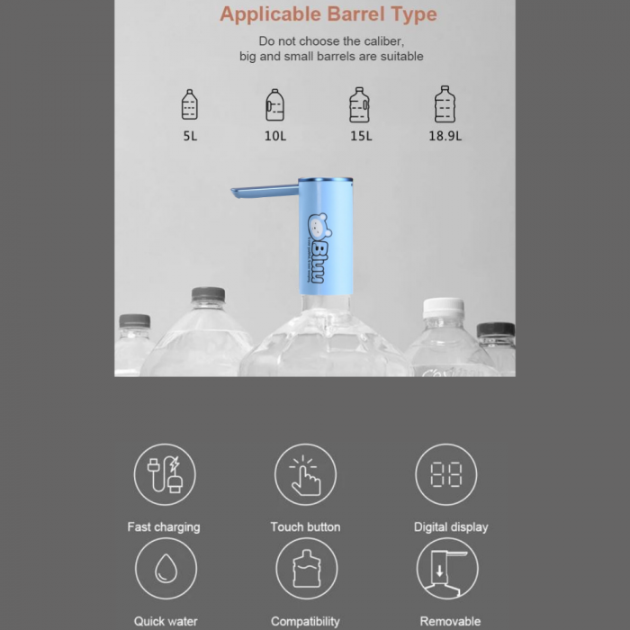 Pompa electrica apa cu afisaj LED AZeira®, Ecran digital, Indicator nivel baterie, Dozarea cantitatii de apa, Compatibil cu bidoane de apa de 5L/10L/15L/20L [10]