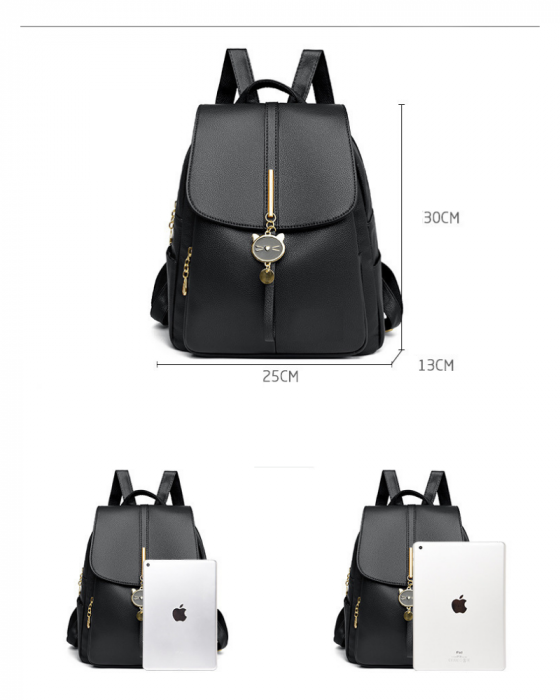 Rucsac Pisica AZeira®, Pentru dama, Incapator, Versatil, Material rezistent la uzura, Accesorii metalice aurii, 30*25*13 CM, Negru [7]