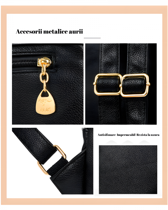 Rucsac Pisica AZeira®, Pentru dama, Incapator, Versatil, Material rezistent la uzura, Accesorii metalice aurii, 30*25*13 CM, Negru [5]