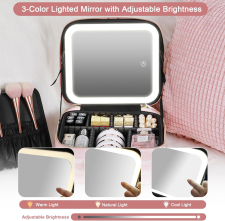 Geanta cosmetice dotata cu oglinda LED AZeira®, compartimente reglabile, potrivita pentru organizarea cosmeticelor acasa sau in voiaj, profesionala, neagra [5]