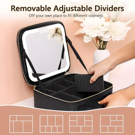 Geanta cosmetice dotata cu oglinda LED AZeira®, compartimente reglabile, potrivita pentru organizarea cosmeticelor acasa sau in voiaj, profesionala, neagra [5]