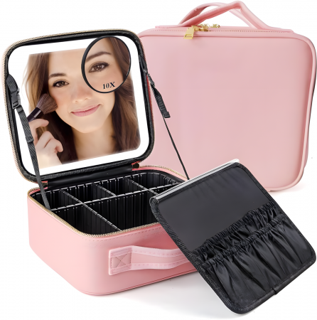 Genti cosmetice - Geanta cosmetice dotata cu oglinda LED AZeira®, compartimente reglabile, potrivita pentru organizarea cosmeticelor acasa sau in voiaj, profesionala, neagra