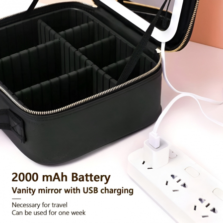 Geanta cosmetice dotata cu oglinda LED AZeira®, compartimente reglabile, potrivita pentru organizarea cosmeticelor acasa sau in voiaj, profesionala, neagra [12]