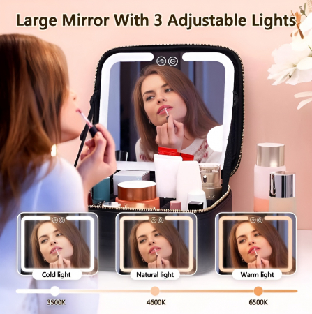 Geanta cosmetice dotata cu oglinda LED AZeira®, compartimente reglabile, potrivita pentru organizarea cosmeticelor acasa sau in voiaj, profesionala, neagra [2]