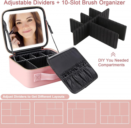 Geanta cosmetice dotata cu oglinda LED AZeira®, compartimente reglabile, potrivita pentru organizarea cosmeticelor acasa sau in voiaj, profesionala, neagra [10]
