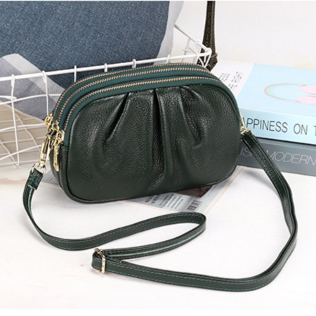 Geanta Piele Naturala cu pliuri AZeira®, 3 compartimente, Calitate superioara, Versatila, Fermoare metalice, Piele moale de vaca, Anti-zgariere, Capacitate mare, Verde [9]