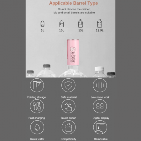 Pompa electrica apa cu afisaj LED AZeira®, Ecran digital, Indicator nivel baterie, Dozarea cantitatii de apa, Compatibil cu bidoane de apa de 5L/10L/15L/20L, Roz [9]