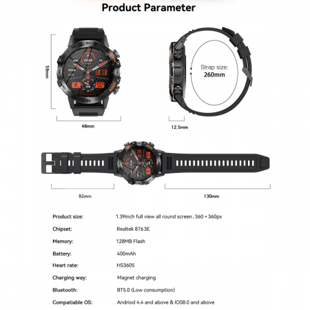 Ceas Smartwatch ULTRA Sport AZeira®, Antisocuri, Carcasa Metalica, Ecran IPS Ultra, IOS/Android, Bluetooth, Apelare Telefon, Aplicatii Social Media, Rezolutie 360x360 pixeli, Autonomie 7 zile, 100+ Sporturi, Impermeabil IP68, Full Touch Screen [15]