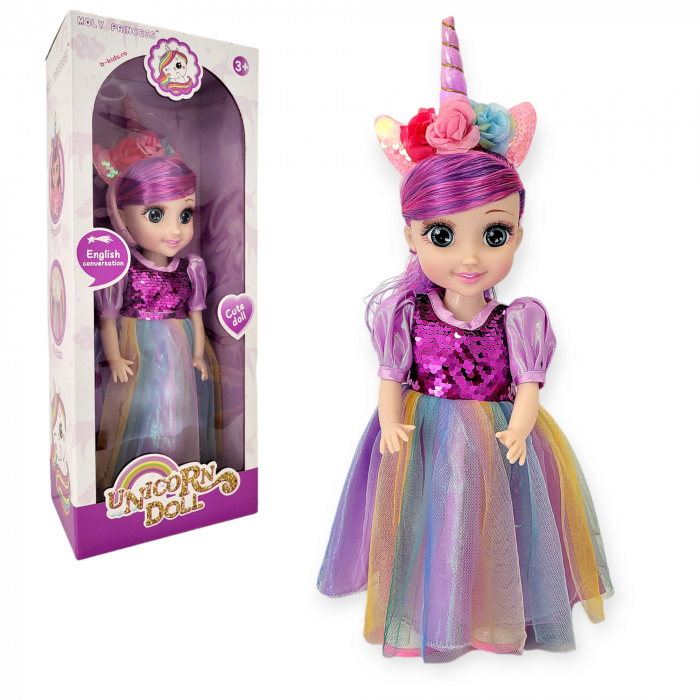 Papusa Unicorn Doll, cu lumina, merge si canta,Moly Princes, multicolor cu paiete [1]