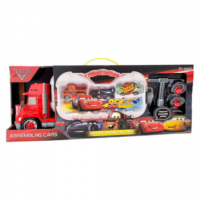 Set tir Cars + 6 masinute tip geanta cu unelte tip lego pentru roti. [9]