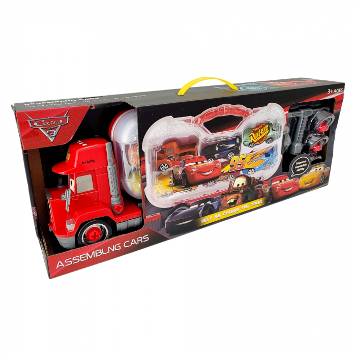 Set tir Cars + 6 masinute tip geanta cu unelte tip lego pentru roti. [7]
