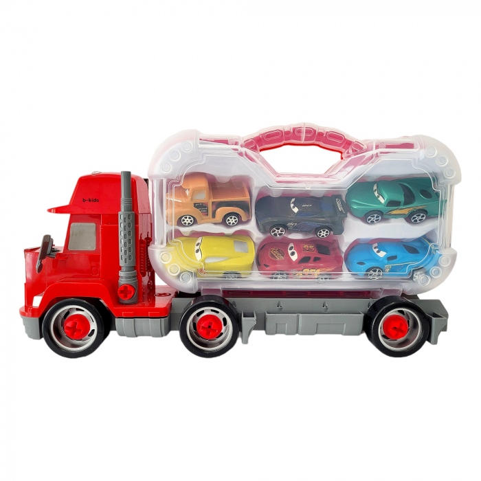Set tir Cars + 6 masinute tip geanta cu unelte tip lego pentru roti. [6]