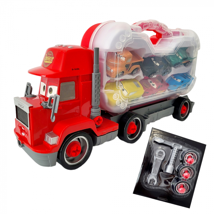 Set tir Cars + 6 masinute tip geanta cu unelte tip lego pentru roti. [2]