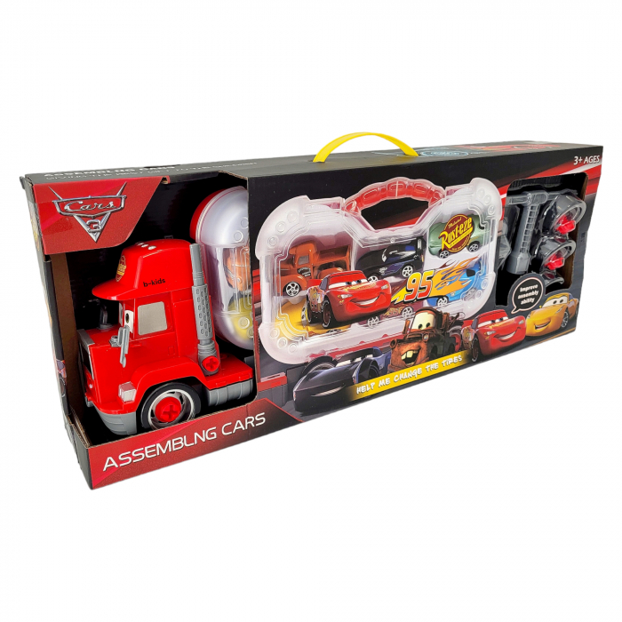 Set tir Cars + 6 masinute tip geanta cu unelte tip lego pentru roti. [1]