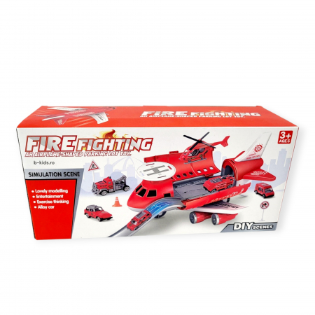 Pentru baieti - Avion transportor cu masinute si mini elicopter de pompier